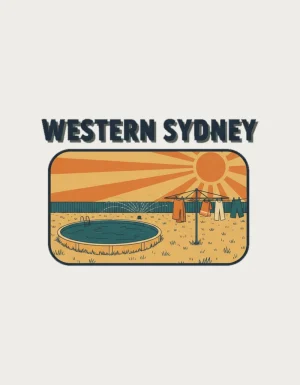 Retro postcard with the words Western Sydney above a sun-baked backyard with an above-ground pool, sprinkler and clothesline - flat print artwork for the western sydney mug
