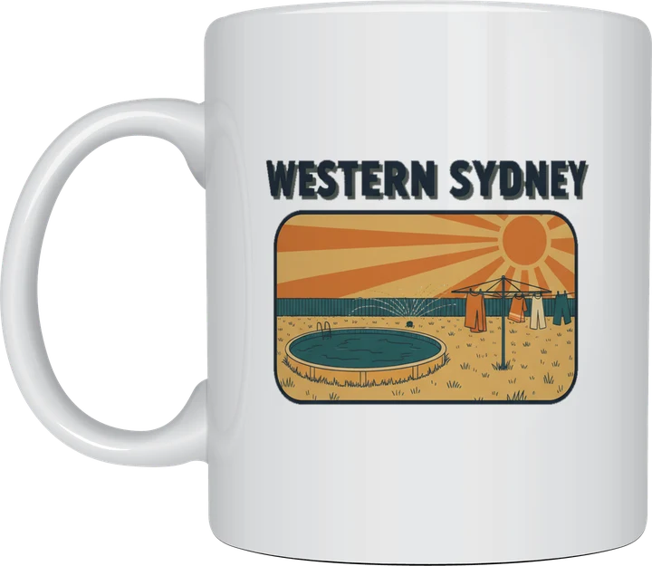 Western sydney mug: Retro postcard with the words Western Sydney above a sun-baked backyard with an above-ground pool, sprinkler and clothesline