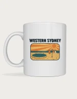 Western sydney mug: Retro postcard with the words Western Sydney above a sun-baked backyard with an above-ground pool, sprinkler and clothesline