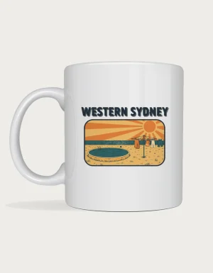 Western sydney mug: Retro postcard with the words Western Sydney above a sun-baked backyard with an above-ground pool, sprinkler and clothesline