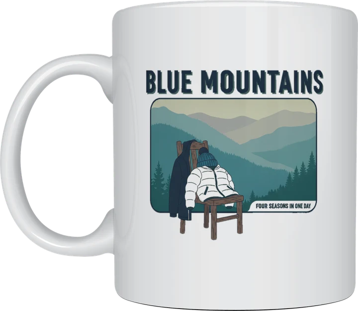 Blue mountains mug: Retro postcard with the words Blue Mountains above misty ridges and a chair piled with jackets, reading Four Seasons in One Day