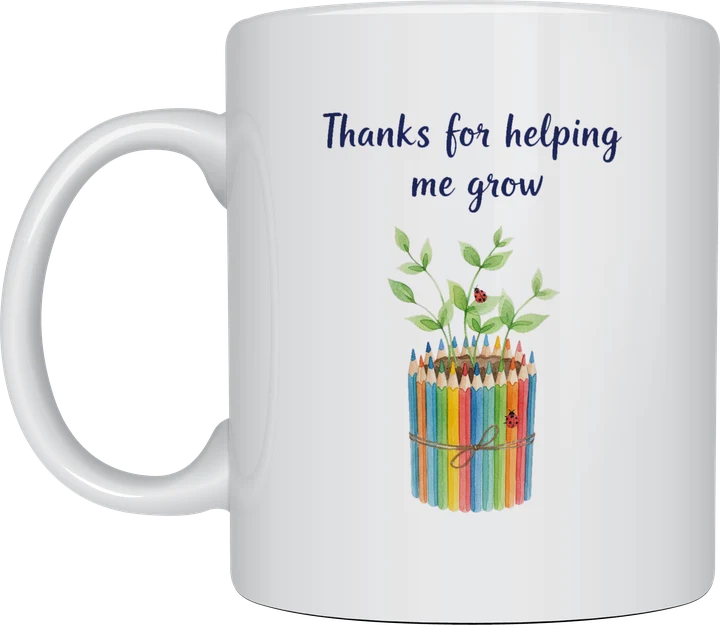 Thanks for helping me grow mug with watercolour seedlings sprouting from a pot made of coloured pencils, on a white ceramic mug