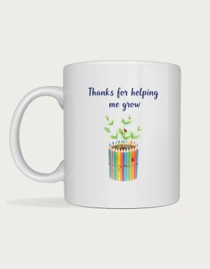Thanks for helping me grow mug with watercolour seedlings sprouting from a pot made of coloured pencils, on a white ceramic mug