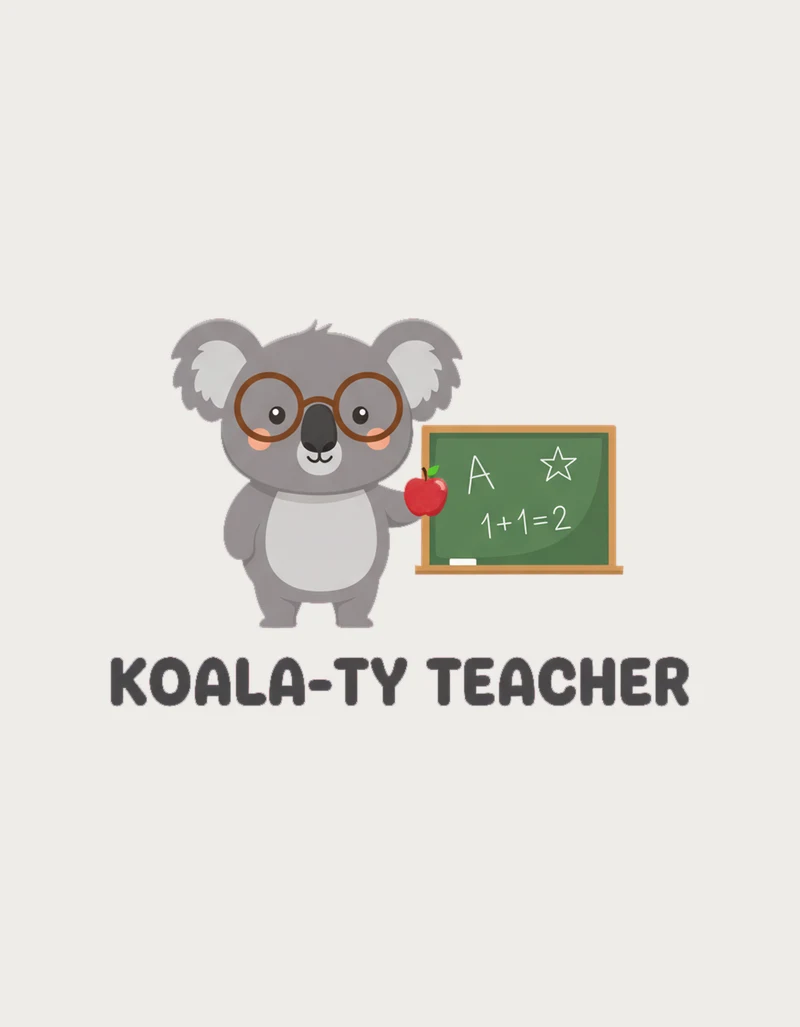 Kawaii design of a grey koala wearing glasses next to a green chalkboard with A, a star and 1+1=2, above the words Koala-ty Teacher