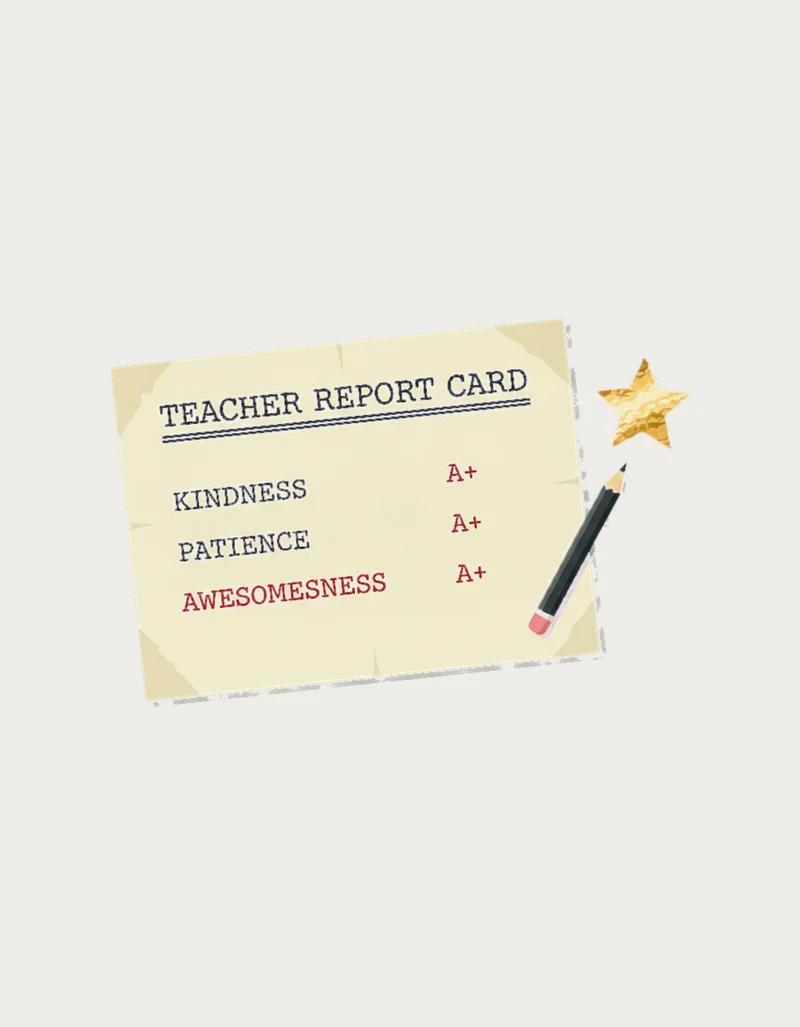 Vintage school ephemera design of a cream report card titled Teacher Report Card with A+ for kindness, patience and awesomeness, beside a pencil and gold star