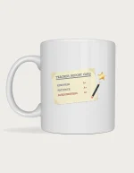 Teacher report card mug showing a vintage report card with A+ grades for kindness, patience and awesomeness, a pencil and a gold star, on a white ceramic mug