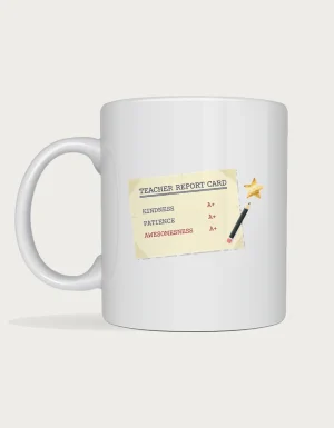Teacher report card mug showing a vintage report card with A+ grades for kindness, patience and awesomeness, a pencil and a gold star, on a white ceramic mug