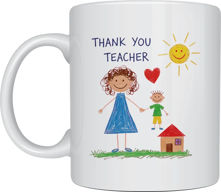 Thank you teacher mug with a child style crayon drawing of a teacher and student holding hands under a smiling sun, on a white ceramic mug