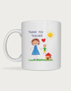 Thank you teacher mug with a child style crayon drawing of a teacher and student holding hands under a smiling sun, on a white ceramic mug