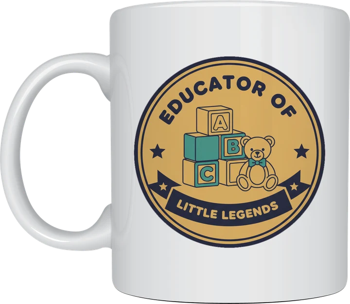 Childcare educator gift mug with a retro badge reading Educator of Little Legends, with toy alphabet blocks and a teddy bear, on a white ceramic mug