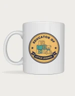 Childcare educator gift mug with a retro badge reading Educator of Little Legends, with toy alphabet blocks and a teddy bear, on a white ceramic mug