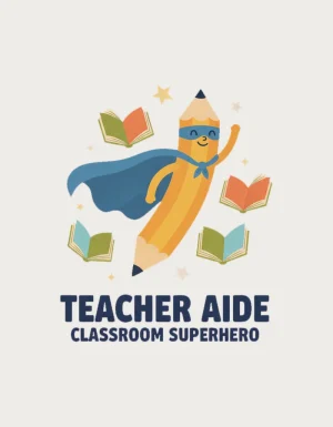 Mid-century style illustration of a cheerful yellow pencil in a blue cape and mask flying among open books and stars, with Teacher Aide Classroom Superhero
