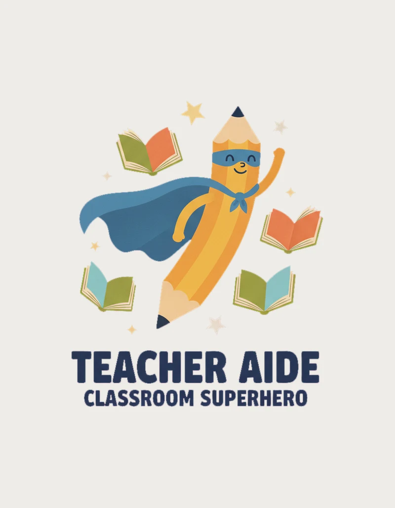 Mid-century style illustration of a cheerful yellow pencil in a blue cape and mask flying among open books and stars, with Teacher Aide Classroom Superhero