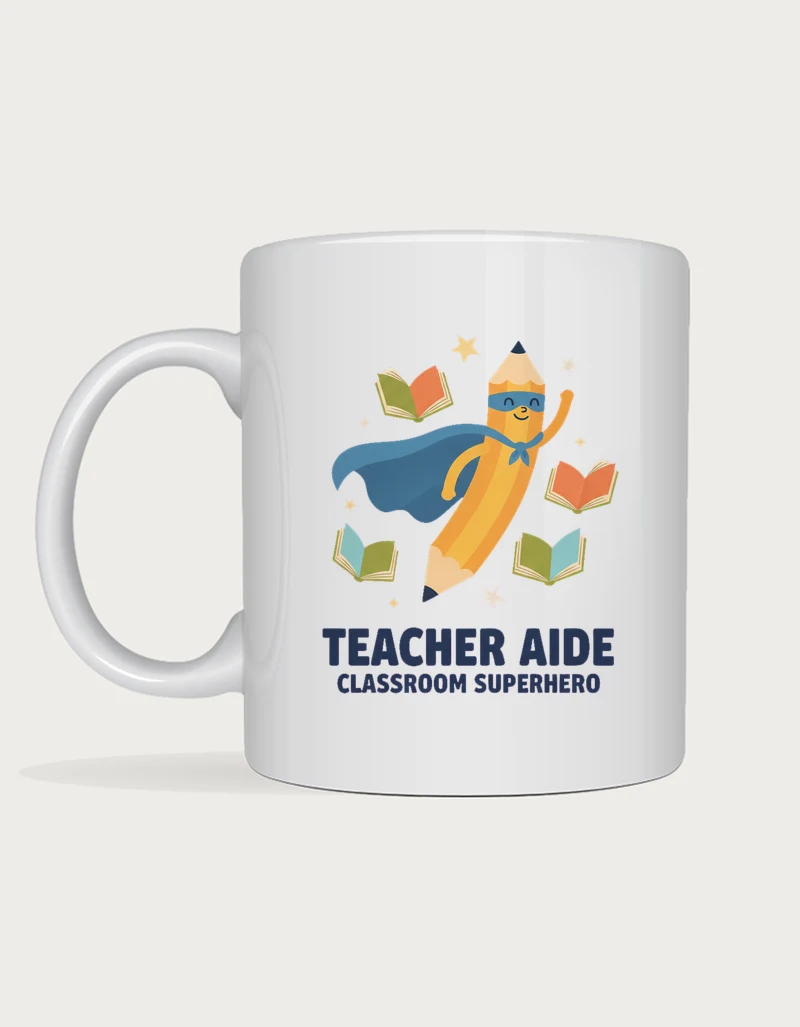 Teacher aide gift mug with a superhero pencil wearing a blue cape flying past books, above the words Teacher Aide Classroom Superhero, on a white ceramic mug