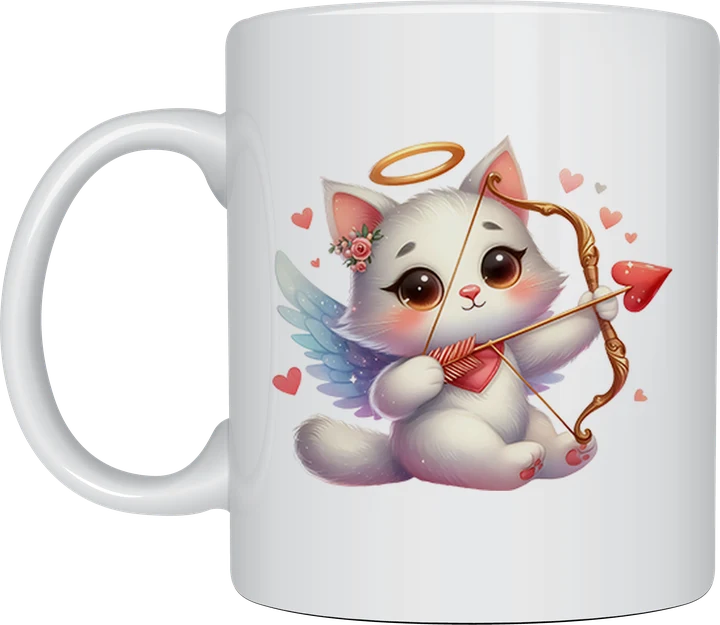 Valentine mug - cute white cupid kitten with wings, halo and bow and arrow among pink hearts